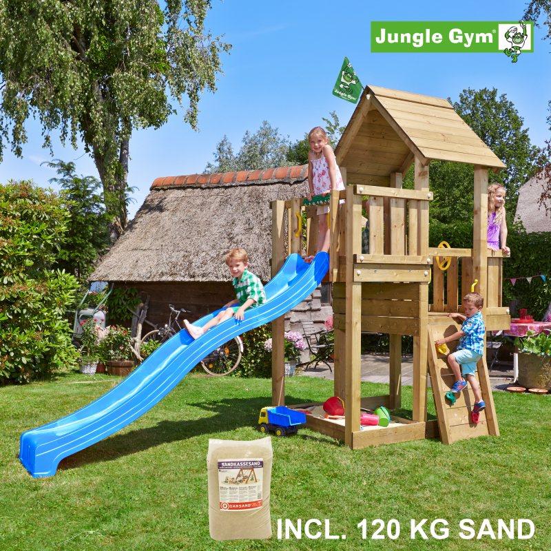10: Jungle Gym Cubby legetårn komplet, inkl. 120 kg sand og blå rutschebane - 804-269SAB