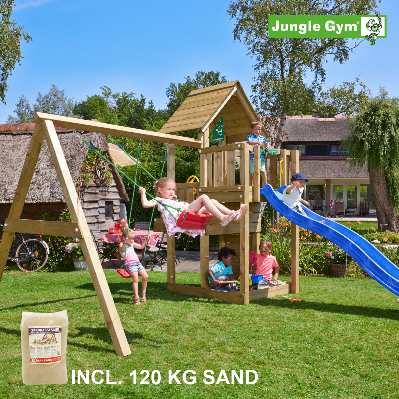 Legetårn komplet Jungle Gym Cubby inkl. Swing module x´tra, 120 kg sand og blå rutschebane