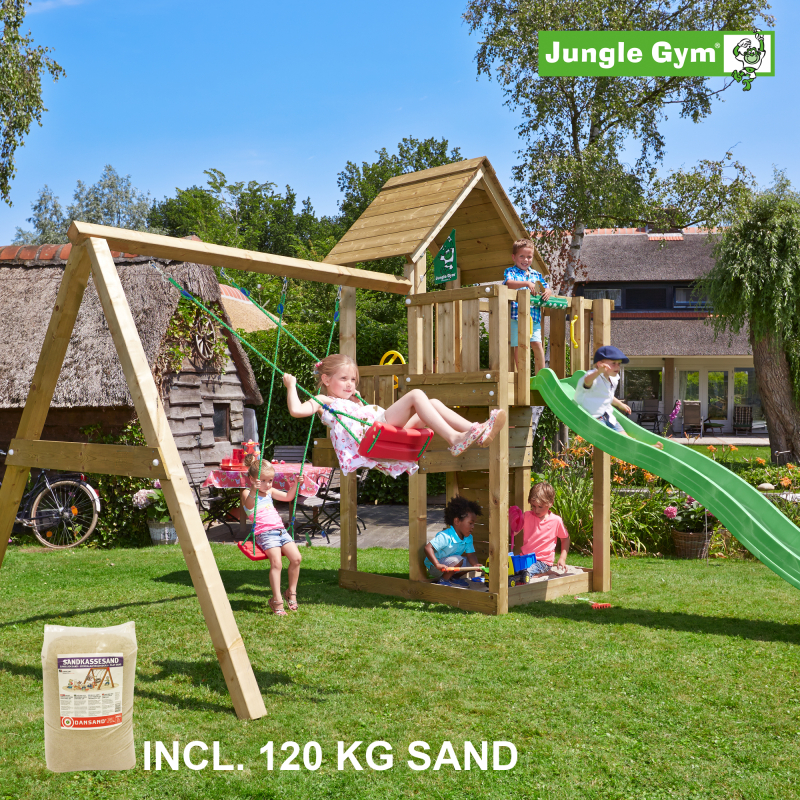 Legetårn komplet Jungle Gym Cubby inkl. Swing module x´tra, 120 kg sand og grøn rutschebane