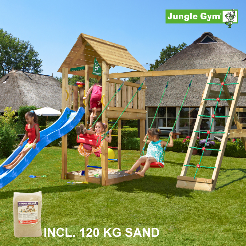 Legetårn komplet Jungle Gym Cabin inkl. Climb module x´tra, 120 kg sand og blå rutschebane