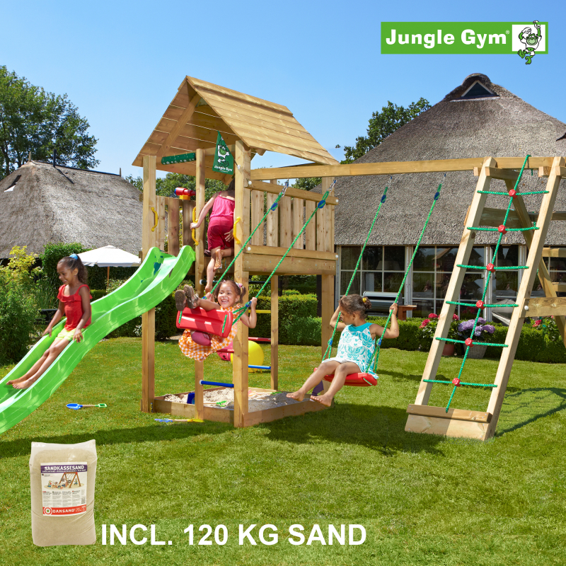 Legetårn komplet Jungle Gym Cabin inkl. Climb module x´tra, 120 kg sand og grøn rutschebane