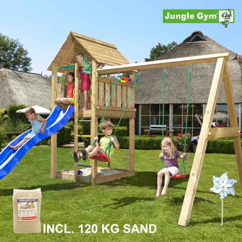 Legetårn komplet Jungle Gym Cabin inkl. Swing module x´tra, 120 kg sand og blå rutschebane