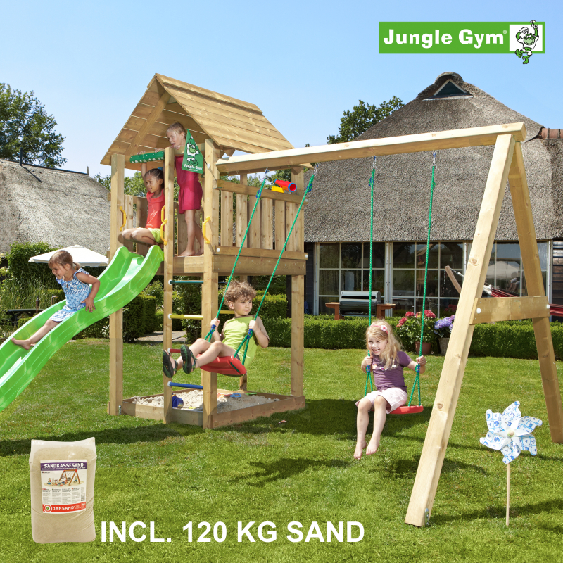 Legetårn komplet Jungle Gym Cabin inkl. Swing module x´tra, 120 kg sand og grøn rutschebane