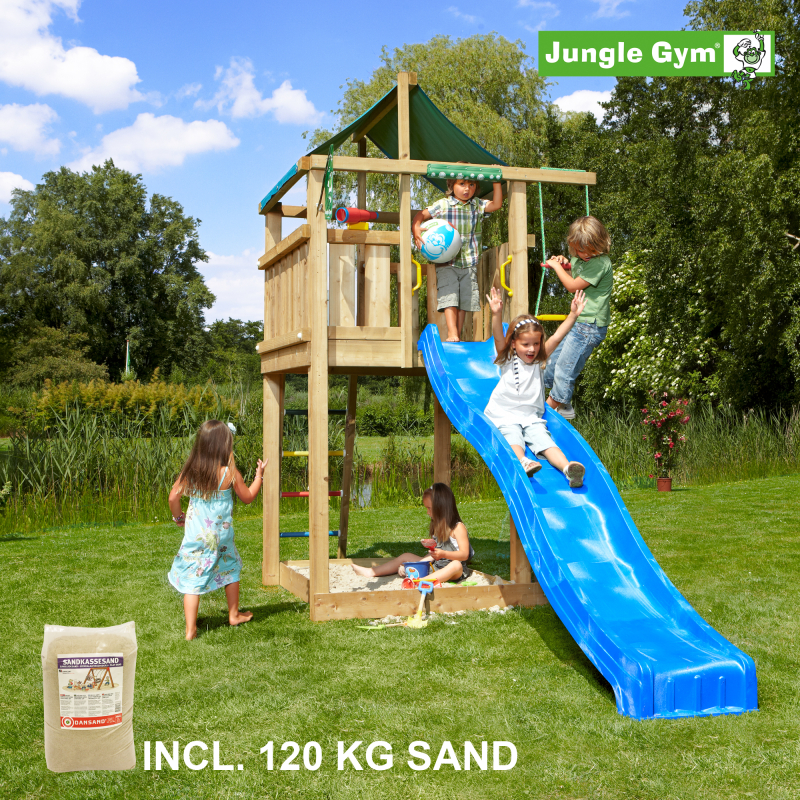 5: Jungle Gym Lodge legetårn komplet, inkl. 120 kg sand og blå rutschebane - 804-274SAB