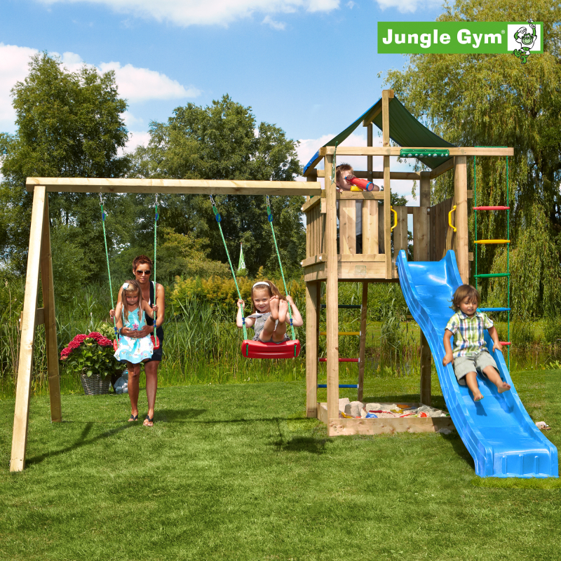 Legetårn komplet Jungle Gym Lodge inkl. Swing module x´tra og rutschebane