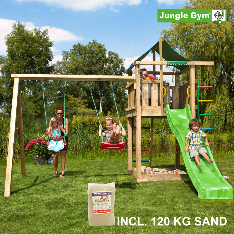 Legetårn komplet Jungle Gym Lodge inkl. Swing module x´tra, 120 kg sand og grøn rutschebane