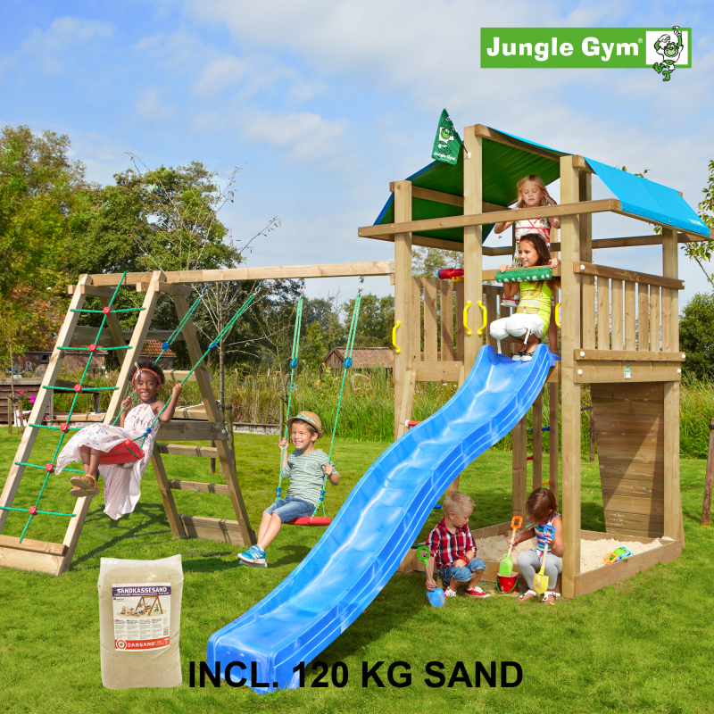 Legetårn komplet Jungle Gym Fort inkl. Climb module x´tra, 120 kg sand og blå rutschebane