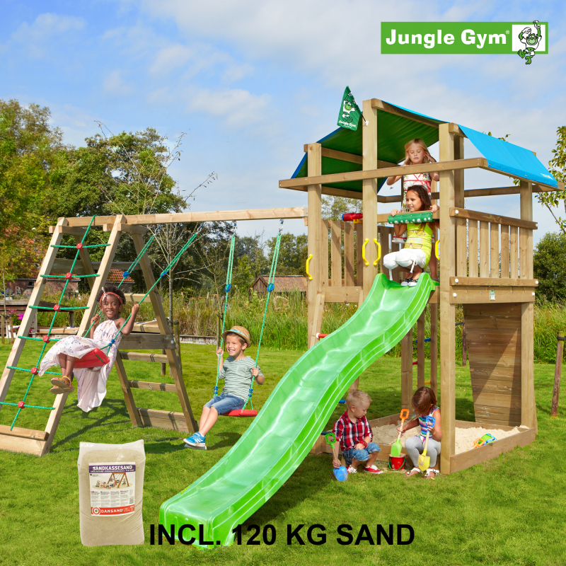 #3 - Legetårn komplet Jungle Gym Fort inkl. Climb module x´tra, 120 kg sand og grøn rutschebane