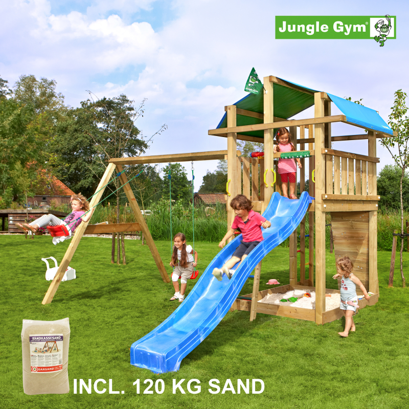Legetårn komplet Jungle Gym Fort inkl. Swing module x´tra, 120 kg sand og blå rutschebane
